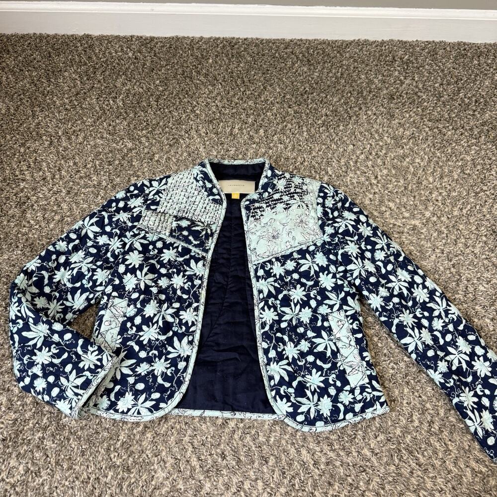 Anthropologie Leifsdottir Blue Beaded Floral Quilted Jacket Size 2 Pockets Open